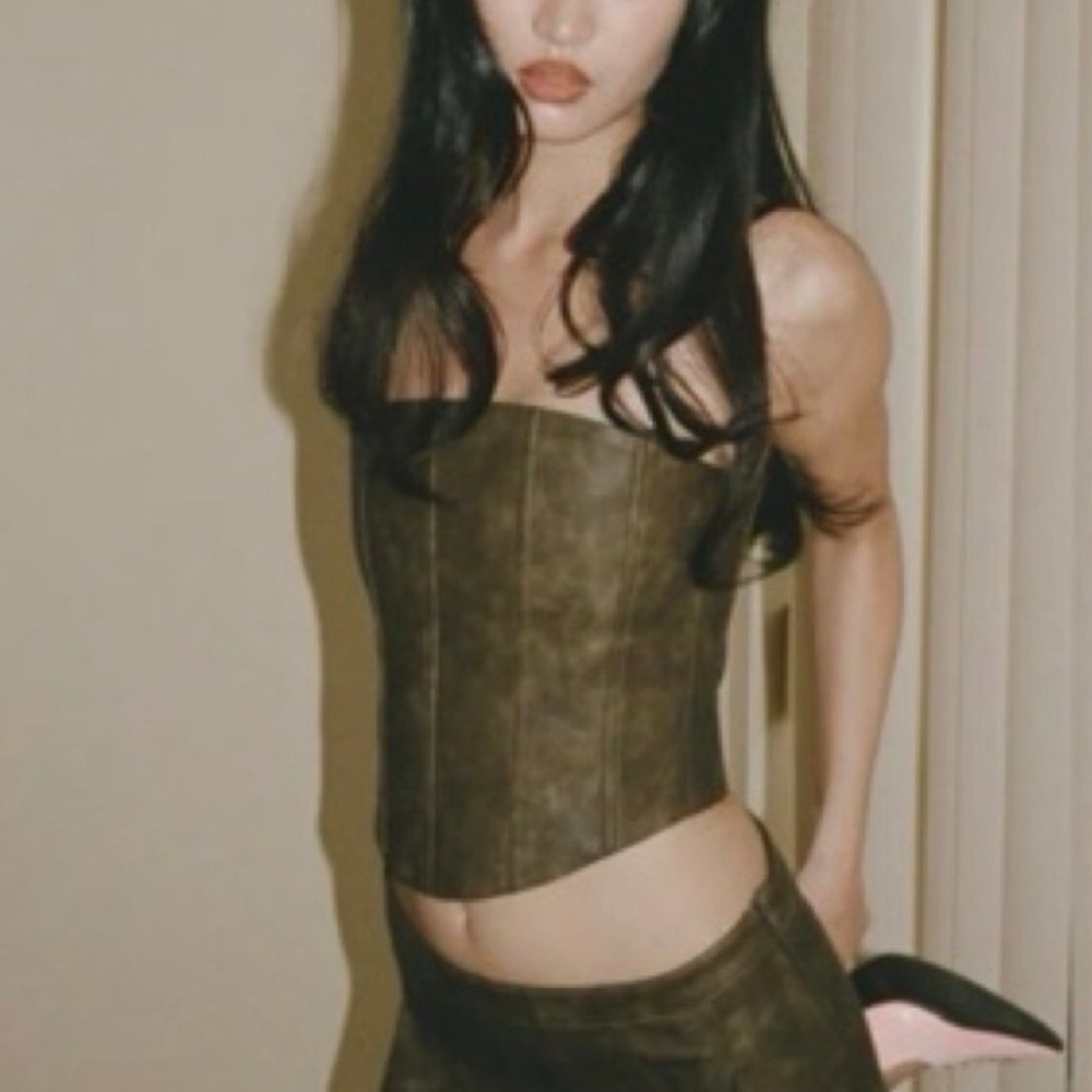 WITH JEAN Althea Corset Brown Faux Leather Structured Bustier Size XS 50% Cotton